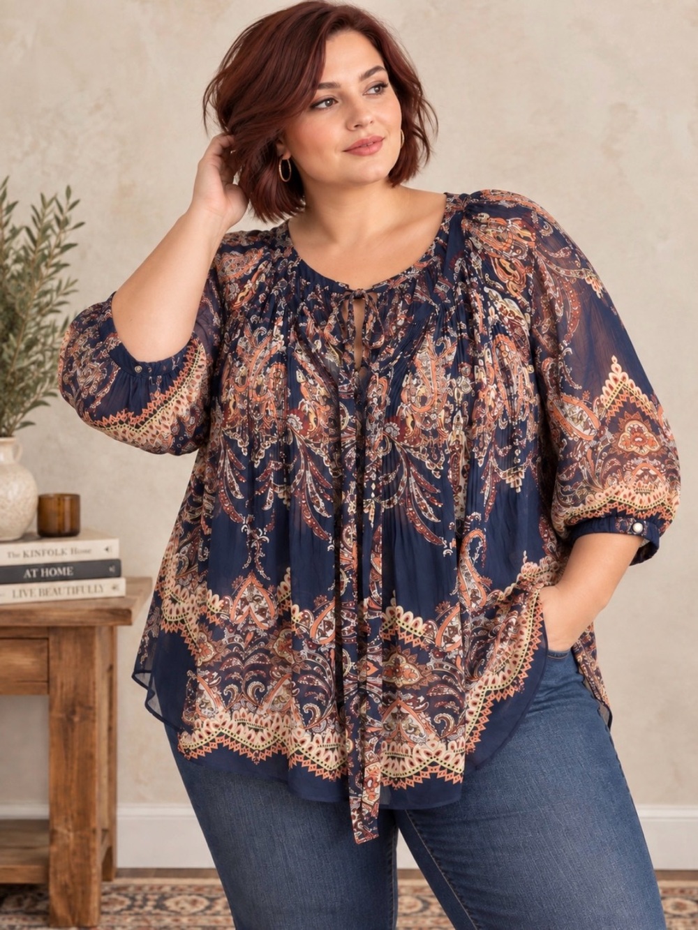 Cato Navy Rust Paisley Crinkle Tie Neck Peasant Blouse 3X 22/24W